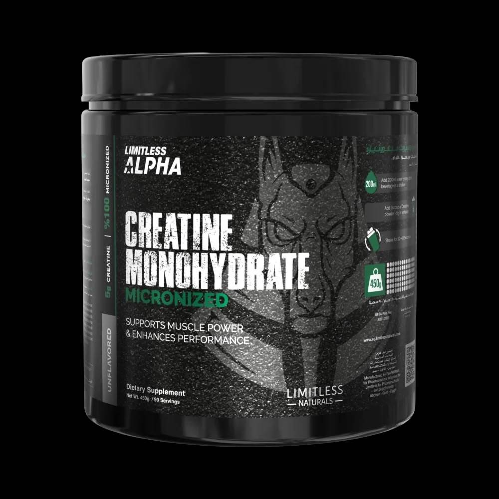 كرياتين Limitless Alpha, كرياتين مونوهيدريت مذرر, بدون نكهة, 450g, 90 حصة